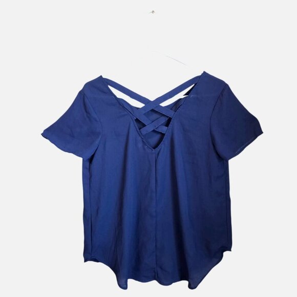 Lily White Blouse Size Medium Navy Blue Chiffon V Neck Dark Fairy Sheer Pocket - Picture 9 of 9